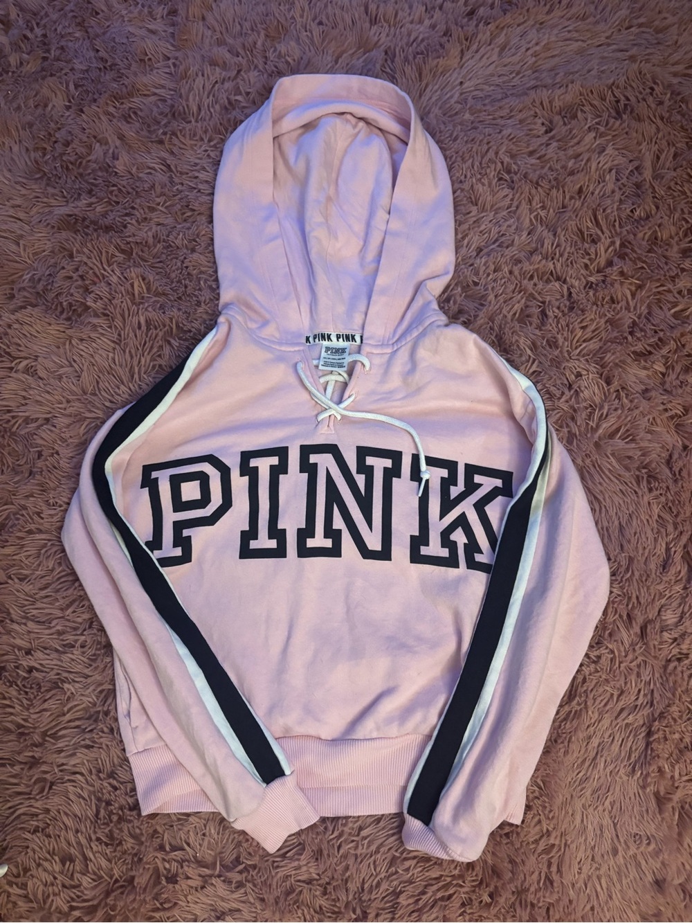 PINK Victoria's Secret Light Pink Hooded Pullover with Black Stripes